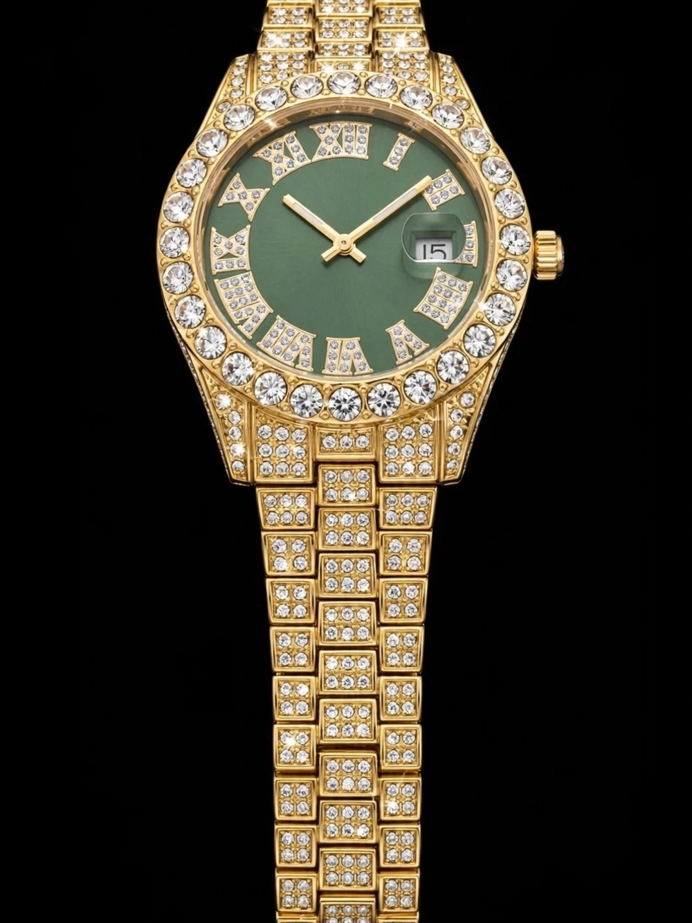 Gold-Tone Green Dial Crystal-Accented Men's Bracelet Watch